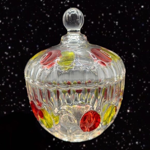 Flashed Art Glass Covered Dish Bowl W Lid Thumbprint Pattern Red Yellow 7”T 5.5” - Picture 9 of 10